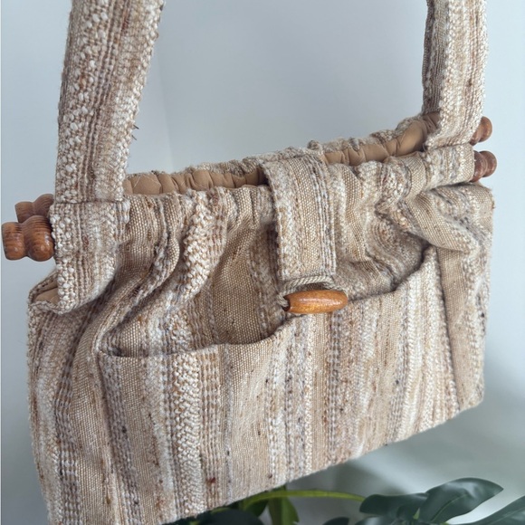 Vintage Handmade Tweed‎ Wool Wood Tote Shoulder Bag - Picture 6 of 16